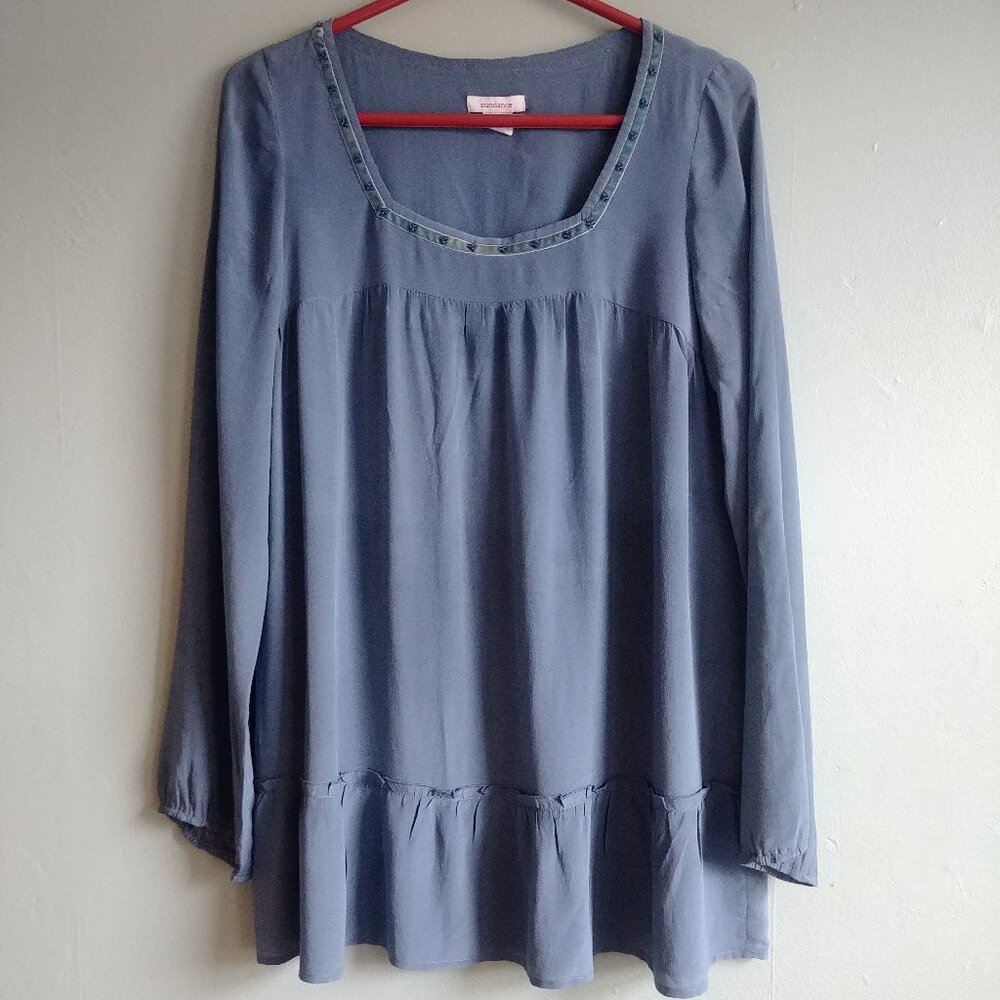 Sundance 100% silk seafoam blue green flowy peasant blouse top Medium